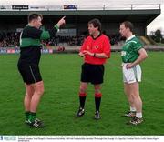 2 March 2002; Nemo Rangers captain Colin Corkery, left, chooses which way to play after winning the coin toss over Charlestown's captain David Tiernan, also pictured is referee Michael Monahan. Nemo Rangers v Charlestown Sarsfields, AIB Club Championship semi-final, McDonagh Park, Nenagh, Co. Tipperary. Football. Picture credit; Damien Eagers / SPORTSFILE