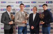 30 January 2017; Brian Keating, Group Propositions & Brands Director, AIB presents, from left, Munster footballer of the year Daithí Casey from Dr Crokes, Leinster footballer of the year Diarmuid Connolly from St Vincent's and Ulster footballer of the year Chrissy McKaigue from Slaughtneil awards as voted for by the Irish sports media. Sponsor to both the GAA and Camogie Club Championships, AIB honoured eleven club players from camogie, football and hurling at the annual AIB Provincial Club Player Awards in Croke Park. For exclusive content and behind the scenes action from the Club Championships follow AIB GAA on Twitter and Instagram @AIB_GAA and facebook.com/AIBGAA. Photo by Ramsey Cardy/Sportsfile