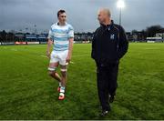 30 January 2017; Cian Reilly of Blackrock College talks to his coach Van Stone as they walk off the pitch following the Bank of Ireland Leinster Schools Senior Cup Round 1 match between The King’s Hospital and Blackrock College RFC at Donnybrook Stadium the in Donnybrook, Dublin. Photo by Cody Glenn/Sportsfile