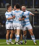 30 January 2017; David Heavey, centre, of Blackrock College celebrates with team-mates from left Ross Deegan, Tom Roche, and Alan Francis after scoring a late try during the Bank of Ireland Leinster Schools Senior Cup Round 1 match between The King’s Hospital and Blackrock College RFC at Donnybrook Stadium the in Donnybrook, Dublin. Photo by Cody Glenn/Sportsfile