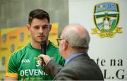 30 January 2017; Donal Keoghan of Meath in conversation with MC Brendan Cummins of Meath GAA at the launch of The 2017 Meath GAA Jersey sponsored by Devenish Nutrition at Meath GAA Centre of Excellence in Dunganny, Trim. Photo by Sam Barnes/Sportsfile