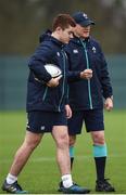 31 January 2017; Ireland head coach Joe Schmidt, right, in conversation with Paddy Jackson, left, during squad training at Carton House in Maynooth, Co Kildare. Photo by Seb Daly/Sportsfile