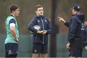 31 January 2017; Ireland head coach Joe Schmidt in conversation with Ian Keatley, left, and Paddy Jackson during squad training at Carton House in Maynooth, Co Kildare. Photo by Brendan Moran/Sportsfile