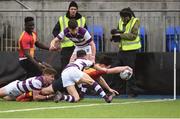 31 January 2017; Darragh Kelly of St Fintan's High School scores a try despite the tackles of Conrad Daly and Thomas Monaghan Clongowes Wood College during the Bank of Ireland Leinster Schools Senior Cup Round 1 match between Clongowes Wood College and St Fintan's High School at Donnybrook Stadium in Donnybrook, Dublin. Photo by Matt Browne/Sportsfile