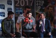 1 February 2017; Pictured are, from left, Paddy McBrearty of Donegal, Darren McCurry of Tyrone and MC Thomas Kane speaking during a Q&A session at the Allianz Football League Belfast launch at Malone House in Belfast. Photo by David Fitzgerald/Sportsfile