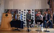 1 February 2017; Pictured are, from left, Paddy McBrearty of Donegal, Darren McCurry of Tyrone and MC Thomas Kane speaking during a Q&A session at the Allianz Football League Belfast launch at Malone House in Belfast. Photo by David Fitzgerald/Sportsfile