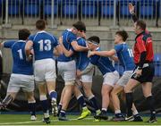 1 February 2017; St Mary's College players, left to right, Niall McEniff, Craig Kennedy, Liam Corcoran, Ruairí Shields, Richie Bergin, and Tom Murray, celebrate after Shields scored his side's second try, during the Bank of Ireland Leinster Schools Senior Cup Round 1 match between St Mary's College and Newbridge College at Donnybrook Stadium in Donnybrook, Dublin. Photo by Daire Brennan/Sportsfile