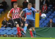 27 June 2011; Patrick McEleney, Derry City, in action against Michael Leahy, UCD. EA Sports Cup, Quarter-Final, UCD v Derry City, UCD Bowl, Belfield, Dublin. Picture credit: Pat Murphy / SPORTSFILE