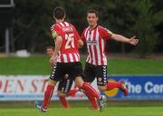 27 June 2011; Derry City's Ruairi Harkin celebrates after scoring his side's second goal of the game with team-mate James Henry, left. EA Sports Cup, Quarter-Final, UCD v Derry City, UCD Bowl, Belfield, Dublin. Picture credit: Pat Murphy / SPORTSFILE