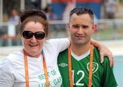 28 June 2011; Team Ireland's Gary Tobin, Carrick-on-Suir, Co. Tipperary, and his sister Catherine Fitzgerald, also of  Carrick-on-Suir, after the game. Ireland were defeated by Turkey 4-1. in the first round game at the Apilion Panionios Training Center. 2011 Special Olympics World Summer Games, Athens, Greece. Picture credit: Ray McManus / SPORTSFILE
