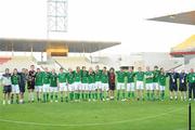 28 June 2011; Leinster & Munster, Republic of Ireland, players and staff stand together on the pitch after defeat to Braga, Portugal. 2010/11 UEFA Regions' Cup Final, Braga, Portugal v Leinster & Munster, Republic of Ireland, Estádio Cidade de Barcelos, Barcelos, Portugal. Picture credit: Diarmuid Greene / SPORTSFILE