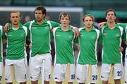 20 June 2011; Ireland players, from left, Michael Watt, John Jermyn, Ian Sloan, Mitch Darling and Phelie Maguire stand for the national anthem before the game. UCD Men's 4 Nations Tournament, Ireland v China, UCD, Belfield, Dublin. Picture credit: Brendan Moran / SPORTSFILE
