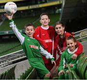 2 February 2017; Republic of Ireland football manager Martin O’Neill and his assistant Roy Keane were at the SPAR National Retailer Guild at the Aviva Stadium, Dublin, attended by over 400 SPAR retailers from across the country. SPAR and the FAI have forged strong links through working together on the SPAR FAI Primary School 5s Programme, which has been in place since 2015, and has seen participation figures grow year on year by 24% to become the largest primary schools competition in the country. Speaking about the importance of nurturing talent early in life, Martin O’Neill said: “In terms of numbers participating in the SPAR FAI Primary Schools Programme, there are going to be a couple of people coming through who may have the potential to represent their country later on. There is great camaraderie and enjoyment and you never know what could come out of participation.” Speaking about the merits of being involved in the SPAR FAI Primary 5s, Roy Keane said: “There are huge benefits for any child playing sport. My own kids play lots of sports and it helps with fitness levels, your diet, your self-esteem and being part of a team. It’s fantastic to hear that 24,000 kids were involved and hopefully more than that will get involved this year.” The closing date for schools to enter this year’s SPAR FAI Primary 5s Programme is 17th February. Log onto http://www.fai.ie/primary5 to register your School. Pictured are, from left, Kian Gleeson, age 11, Conor Shanahan, age 11, Aoife Farrell, age 11, and Abbie Tucker, age 12, from St. Bernadette’s SNS, Quarryvale, Clondalkin. Aviva Stadium, Lansdowne Road, Dublin. Photo by Stephen McCarthy/Sportsfile