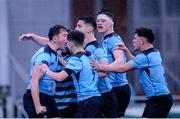 2 February 2017; Ian O'Kelly of St Michaels College, left, celebrates with team-mates after scoring his side's first try during the Bank of Ireland Leinster Schools Senior Cup Round 1 match between St Michael’s College and St Gerard’s School at Castle Avenue, Clontarf, Dublin. Photo by Sam Barnes/Sportsfile