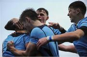 2 February 2017 Stephen Judge of St Michaels College, hidden, is congratulated by team-mates after he scored their side's second try during the Bank of Ireland Leinster Schools Senior Cup Round 1 match between St Michael’s College and St Gerard’s School at Castle Avenue, Clontarf, Dublin. Photo by Sam Barnes/Sportsfile