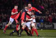 3 February 2017; Dave Foley of Munster is tackled by Cornell Du Preez of Edinburgh during the Guinness PRO12 Round 13 match between Edinburgh and Munster at Myreside in Edinburgh, Scotland. Photo by Ramsey Cardy/Sportsfile