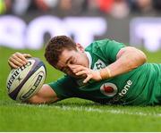 4 February 2017; Paddy Jackson of Ireland scores his side's third try during the RBS Six Nations Rugby Championship match between Scotland and Ireland at BT Murrayfield Stadium in Edinburgh, Scotland. Photo by Brendan Moran/Sportsfile