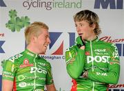 26 June 2011; Winner of the U23 title Sam Bennett, right, and second place Philip Lavery, both An Post Sean Kelly Team, on the winners podium after the Elite Men's Road Race National Championships. Scotstown, Co. Monaghan. Picture credit: Stephen McMahon / SPORTSFILE