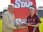 2 July 2011; Ann Marie Starr, Galway, receives the player of the match award from Chairman of the Connacht Camogie Association Jackie O'Brien. All-Ireland Senior Camogie Championship, Round 4, in association with RTE Sport, Galway v Offaly, Pearse Stadium, Galway. Picture credit: Barry Cregg / SPORTSFILE
