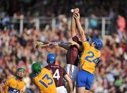 2 July 2011; Shane Kavanagh, Galway, and Caimin Morey, Clare, contest a high ball with David Collins, 4, Galway, and Cathal McInerney, 13, Clare, in support. GAA Hurling All-Ireland Senior Championship, Phase 2, Galway v Clare, Pearse Stadium, Galway. Picture credit: Barry Cregg / SPORTSFILE