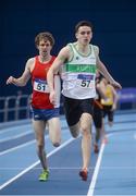 4 February 2017; Cillian Kirwan of Raheny Shamrock AC, Co Dublin, centre, on his way to winning the Men's 800m, ahead of Damien landers of Ennis Track AC, Co Clare, who finished second during the Irish Life Health National Indoor Club League Final at the Sport Ireland National Indoor Arena in Abbotstown, Dublin. Photo by Sam Barnes/Sportsfile