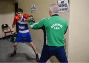 4 February 2017; 60kg boxer Gary McKenna, from Old School A.B.C., warms up with his father/coach Fergal McKenna ahead of his bout in the 2016 IABA Elite Boxing Championships at the National Stadium in Dublin. Photo by Cody Glenn/Sportsfile