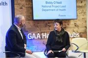 4 February 2017; Connacht Healthy Club Roadshow - inspiring GAA clubs to become hubs for health. Pictured at the launch leading the call out for increased participation in the programme was Biddy O’Neill, National Project Lead, Department of Health with MC Eóin Conroy. Exemplar Healthy Clubs such as Achill GAA, Mayo, Melvin Gaels GAA, Leitrim, Ballinderreen GAA, Galway and Aghamore GAA, Mayo, encouraged and inspired other Connacht clubs to support their communities in pursuit of better physical and mental wellbeing. For more information, visit: www.gaa.ie/community Follow: @officialgaa or Like: www.facebook.com/officialgaa/. Ballyhaunis Centre of Excellence, Mayo. Photo by Matt Browne/Sportsfile