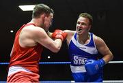 4 February 2017; Bernard O’Reilly of Portlaoise, right, exchanges punches with James Clarke of Kilnamanagh during their 91+kg bout during the 2016 IABA Elite Boxing Championships at the National Stadium in Dublin. Photo by Cody Glenn/Sportsfile