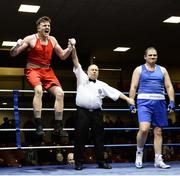 4 February 2017; Thomas Carty of Glasnevin, left, celebrates beating John McDonnell of Crumlin during their 91+kg bout during the 2016 IABA Elite Boxing Championships at the National Stadium in Dublin. Photo by Cody Glenn/Sportsfile