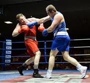 4 February 2017; John McDonnell of Crumlin, right, exchanges punches with Thomas Carty of Glasnevin during their 91+kg bout during the 2016 IABA Elite Boxing Championships at the National Stadium in Dublin. Photo by Cody Glenn/Sportsfile