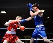 4 February 2017; Dean Walsh of St Ibars, left, exchanges punches  Mark McCole of Dungloe during their 69kg bout during the 2016 IABA Elite Boxing Championships at the National Stadium in Dublin. Photo by Cody Glenn/Sportsfile