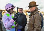 5 February 2017; Jockey Ruby Walsh, left, in conversation with trainer Willie Mullins after sending out Douvan to win the BoyleSports Tied Cottage Steeplechase at Punchestown Racecourse in Naas, Co. Kildare. Photo by Ramsey Cardy/Sportsfile