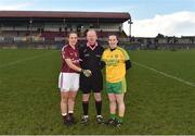 5 February 2017; Galway captain Dora Gorman and Donegal captain Geraldine McLaughlin exchange a handshake in the company of referee Gerry Carmody before the Lidl Ladies Football National League Round 2 match between Galway and Donegal at Tuam Stadium in Galway. Photo by Diarmuid Greene/Sportsfile