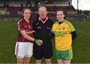 5 February 2017; Galway captain Dora Gorman and Donegal captain Geraldine McLaughlin exchange a handshake in the company of referee Gerry Carmody before the Lidl Ladies Football National League Round 2 match between Galway and Donegal at Tuam Stadium in Galway. Photo by Diarmuid Greene/Sportsfile
