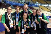 3 July 2011; Team Ireland's table tennis stars who won various medals and ribbons, left to right, William Naughton, Galbally, Co. Limerick, Carole Catling, Newtownabbey, Co. Antrim, Robert Deegan, Ballinteer, Dublin, Mary O'Brien, Duncormick, Co. Wexford, Paul Kavanagh, Castlebar, Co. Mayo, and Ann Marie Talbot, Enniscorthy, Co. Wexford, in front, at the SEF Sport Training Halls, Peace & Friendship Stadium. 2011 Special Olympics World Summer Games, Athens, Greece. Picture credit: Ray McManus / SPORTSFILE