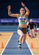 5 February 2017; Saragh Buggy of St Abbans AC, Laois, on her way to winning the senior women's triple jump during the Irish Life Health AAI Indoor Games at Sport Ireland National Indoor Arena in Abbotstown, Dublin. Photo by Sam Barnes/Sportsfile