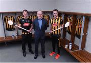 6 February 2017; Brian Phelan, CEO Glanbia Nutritionals, centre, with Kilkenny goalkeeper Eóin Murphy, left, and team captain Mark Bergin pictured during the launch of Glanbia 2017 Kilkenny GAA Sponsorship at Nowlan Park in Kilkenny. Photo by Matt Browne/Sportsfile