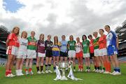 5 July 2011; 2011 is the 11th year of TG4’s sponsorship of the Ladies Football All Ireland Championships and TG4 will broadcast 17 live championship games over the course of the summer. In addition the games will be available to viewers all over the world on www.tg4.tv. At the launch of the 2011 TG4 Ladies Football Championships at Croke Park are representatives of the Senior counties, from left, Amy O'Shea, Cork, Donna Berry, Kildare, Yvonne Byrne, Mayo, Caitriona Cormica, Galway, Bernice Byrne, Sligo, Eimear Consadine, Clare, Cliodhna O'Connor, Dublin, Grainne Nulty, Meath, Neamh Woods, Tyrone, Aoife McDonnell, Donegal, Kathryn Boden, Down, Bernie Breen, Kerry, Maebh Moriarty, Armagh, and Sharon Courtney, Monaghan. 2011 TG4 Ladies Football Championship Launch, Croke Park, Dublin. Picture credit: Brian Lawless / SPORTSFILE