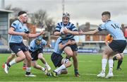 7 February 2017; Ciaran McCarrick of Castleknock College on his way to scoring his side's first try despite the tackle of Oscar Hurley of St Michael’s College during the Bank of Ireland Leinster Schools Junior Cup Round 1 match between St Michael’s College and Castleknock College at Donnybrook Stadium in Dublin. Photo by Ramsey Cardy/Sportsfile