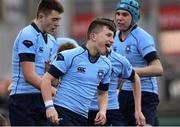 7 February 2017; Zach Harrison of St Michael’s College celebrates after scoring his side's third try during the Bank of Ireland Leinster Schools Junior Cup Round 1 match between St Michael’s College and Castleknock College at Donnybrook Stadium in Dublin. Photo by Ramsey Cardy/Sportsfile