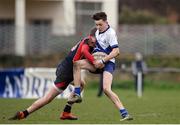 7 February 2017; Oliver McGannon of St Andrew’s College is tackled by Luke Fitzpatrick of Wesley College during the Bank of Ireland Leinster Schools Junior Cup Round 1 match between Wesley College and St Andrew’s College at Anglesea Road in Dublin. Photo by Sam Barnes/Sportsfile