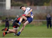 7 February 2017; Oliver McGannon of St Andrew’s College is tackled by Luke Fitzpatrick of Wesley College during the Bank of Ireland Leinster Schools Junior Cup Round 1 match between Wesley College and St Andrew’s College at Anglesea Road in Dublin. Photo by Sam Barnes/Sportsfile