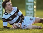 8 February 2017; Simon Murphy of Belvedere College celebrates after scoring his sides fifth try during the Bank of Ireland Leinster Schools Junior Cup Round 1 match between Belvedere College and Temple Carrig at Coolmine RFC in Coolmine, Dublin. Photo by David Maher/Sportsfile