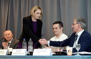9 February 2017; New Olympic Council of Ireland President Sarah Keane is congratulated by Executive member Robert Norwood after the announcement at the Olympic Council of Ireland EGM at the Conrad Hotel in Dublin. Photo by Seb Daly/Sportsfile