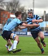 7 February 2017; Ciaran McCarrick of Castleknock College on his way to scoring his side's first try despite the tackle of Jack Boyle of St Michael’s College during the Bank of Ireland Leinster Schools Junior Cup Round 1 match between St Michael’s College and Castleknock College at Donnybrook Stadium in Dublin. Photo by Ramsey Cardy/Sportsfile