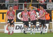 8 July 2011; Daniel Lafferty, second from right, Derry City, is congratulated after scoring his side's first goal by team-mates, from left, Patrick McEleney, James McClean and Eamon Zayed. Airtricity League Premier Division, Derry City v Shamrock Rovers, Brandywell, Co. Derry. Photo by Sportsfile