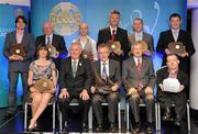 8 July 2011; The 2010 GAA MacNamee Award winners. Back row, from left; Maidhci O Suilleabhain, TG4, Best Irish Language Programme, James Walsh, ST. Galls GAA Club, Antrim, GAA History Award, Marty Lavery, Clann na Gael GAA Club, Armagh, Best GAA Website, Alan Corcoran, South East Radio, Best Radio Programme, Ger Corbett, Tipperary County Hurling Final Programme, Best Programme, and Ian Cooney, Roscommon Herald, Provincial Media Award. Front row, from left; Caroline Quinn, Photography Award, Uachtarán CLG Criostóir Ó Cuana, Micheal McGeary, Armagh, Hall of Fame, Ard Stiúrthoir Paraic Duffy and Enda McEvoy, National Media Award. Croke Park, Dublin. Picture credit: Pat Murphy / SPORTSFILE