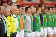 9 July 2011;  Leitrim manager Mickey Moran and his players stand for the National Anthem. GAA Football All-Ireland Senior Championship Qualifier Round 2, Down v Leitrim, Pairc Esler, Newry, Co. Down. Picture credit: Oliver McVeigh / SPORTSFILE