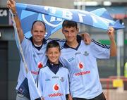 10 July 2011; Dublin supporters Dave Mehigan and his sons Aaron and Michael Mehigan, from Rush, Co. Dublin, on their way to the Leinster GAA Football Championship Finals. Croke Park, Dublin. Picture credit: Oliver McVeigh / SPORTSFILE