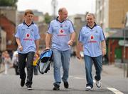 10 July 2011; Dublin supporters Kevin O'Callaghan, Frank Flynn and Ross O'Callaghan, from Walkinstown, Dublin, on their way to the Leinster GAA Football Championship Finals. Croke Park, Dublin. Picture credit: Oliver McVeigh / SPORTSFILE